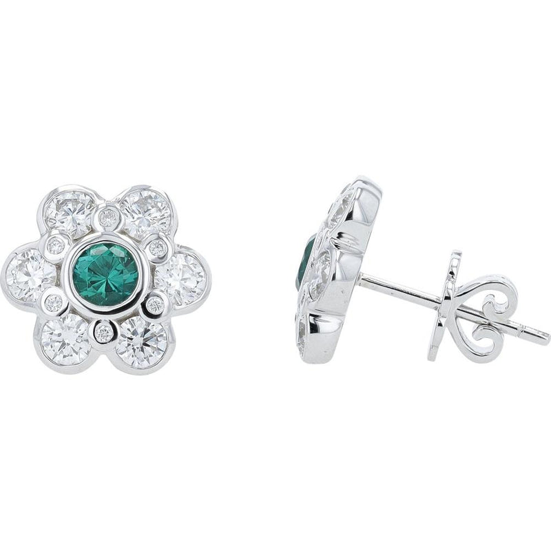 14K White Gold Flower Earrings with Lab-Grown Emeralds and Lab Grown Diamonds - 2.25 Carat Total Gem Weight