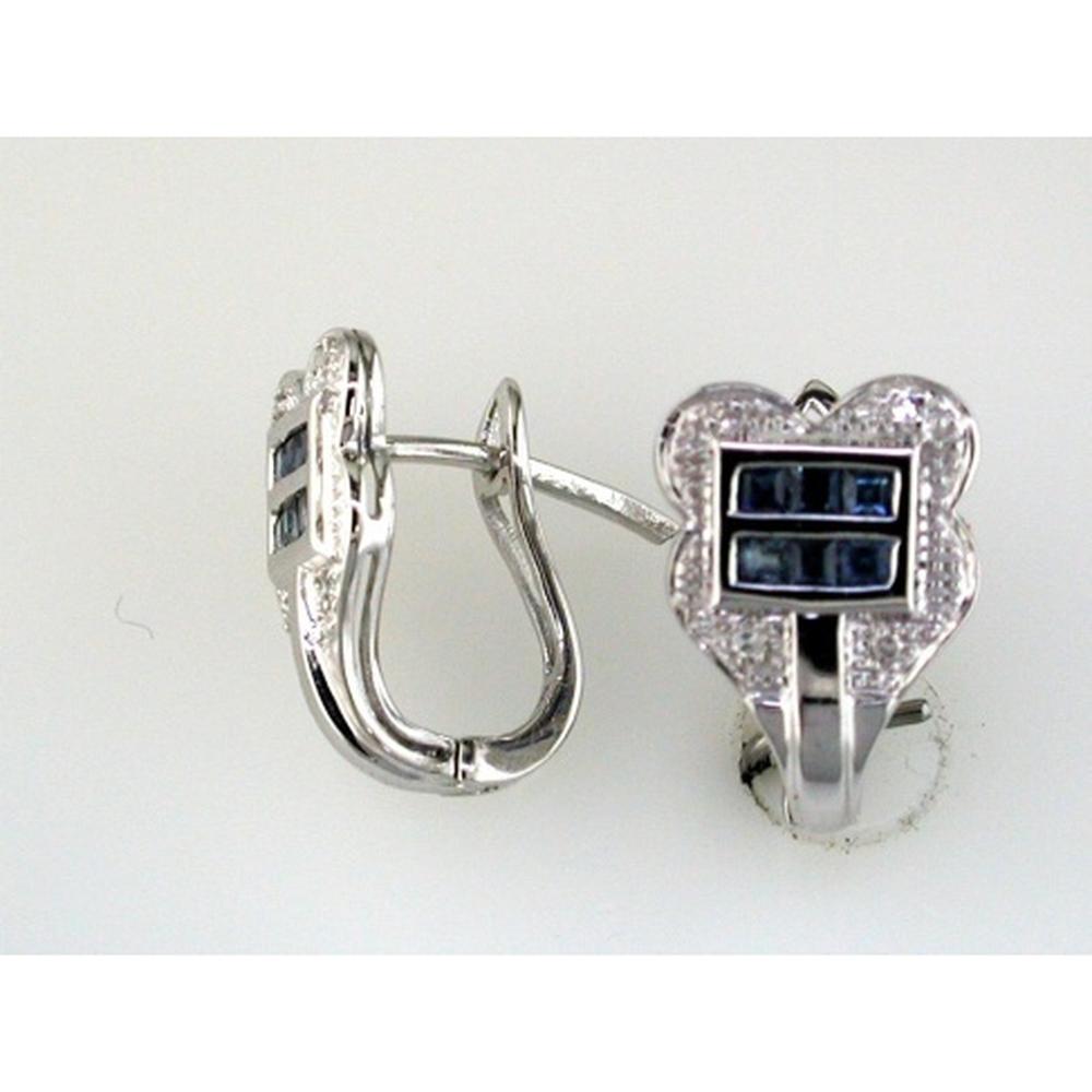 14K White Gold Flower Earrings with Princess Cut Sapphires and Round Diamond Accents - 0.47 Carat Total Sapphire Weight and 0.03 Carat Total Diamond Weight - Royal Jewelry