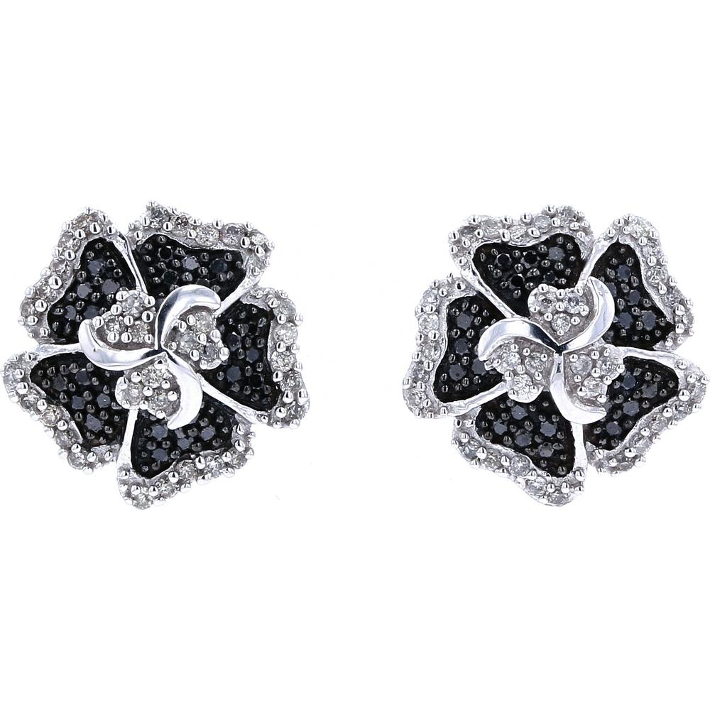 14K White Gold Flower Earrings with White and Black Diamonds - 1/2 Carat Total Diamond Weight