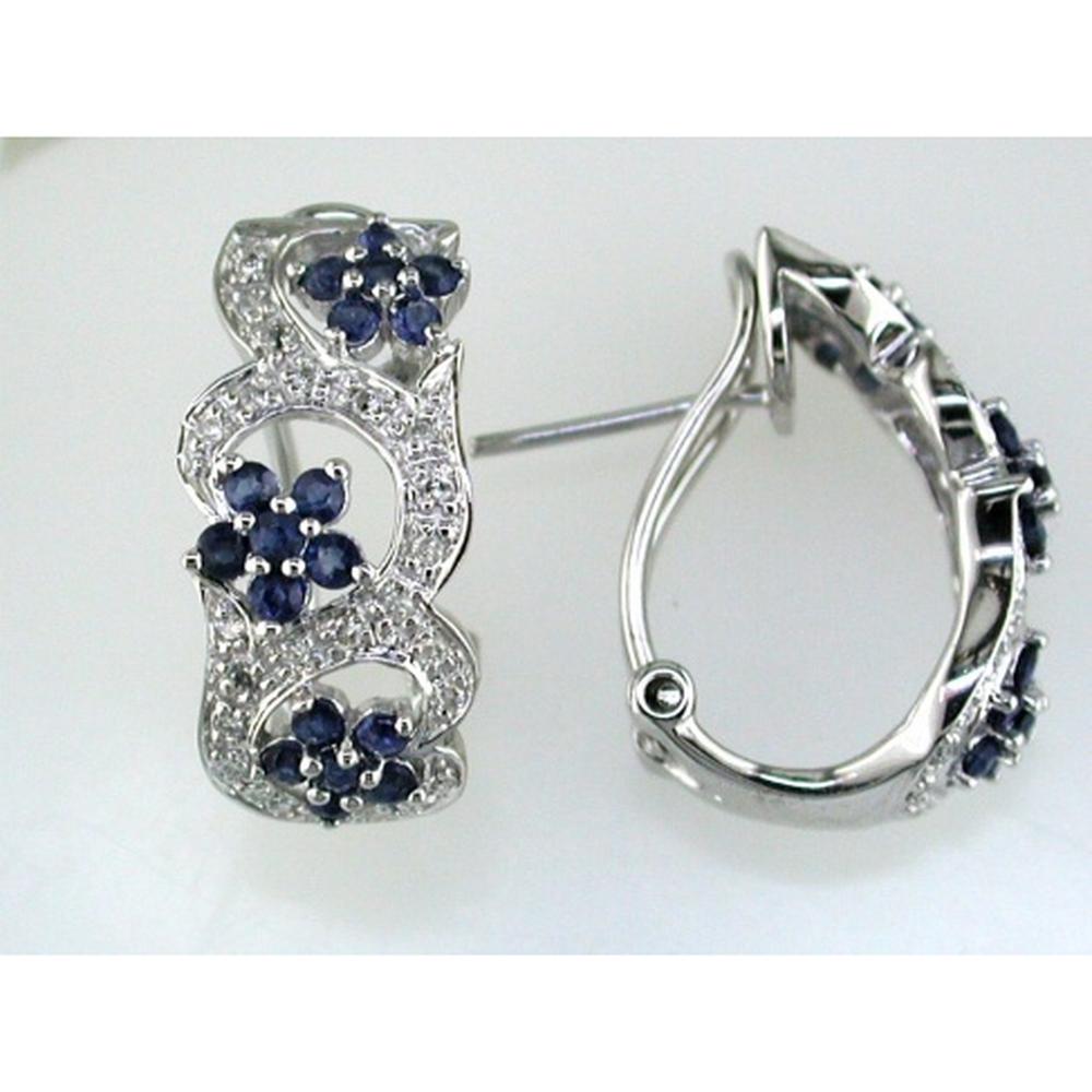 14K White Gold Flower Motif Earrings with Round Sapphire Clusters and Pavé Set Round Diamonds - 1.10 Carat Total Sapphire Weight, 0.21 Carat Total Diamond Weight - Royal Jewelry