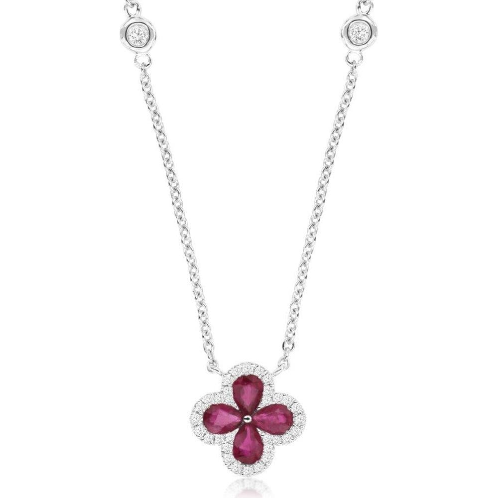 14K White Gold Flower Necklace with Pear Shaped Rubies and Diamond Halo Accents - 0.85 Carat Total Ruby Weight and 0.21 Carat Total Diamond Weight - Royal Jewelry