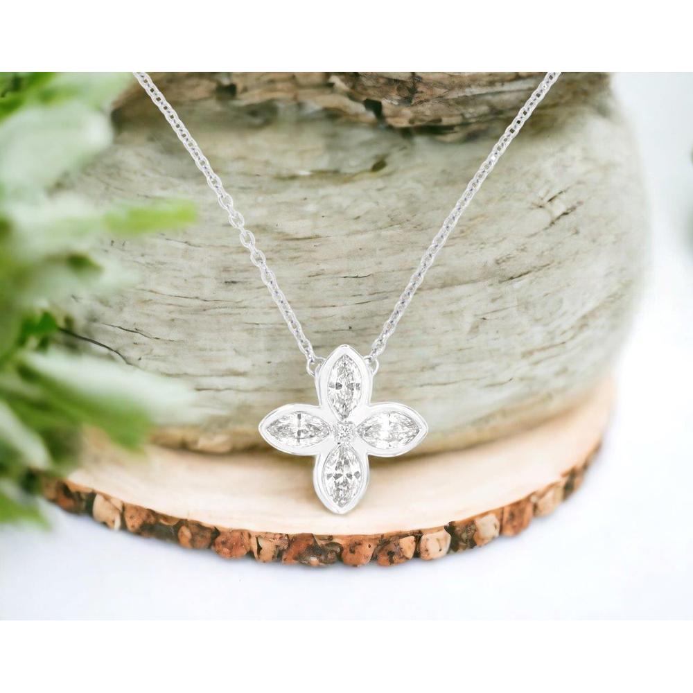 14K White Gold Flower Pendant Necklace with Marquise and Round Diamonds - 0.38 Carat Total Diamond Weight - Royal Jewelry