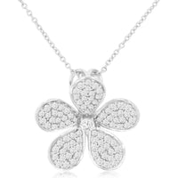 14K White Gold Flower Pendant Necklace with Pavé Set Round Diamonds - 0.60 Carat Total Diamond Weight - Royal Jewelry