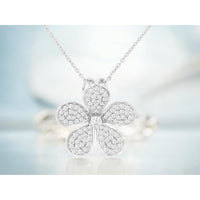 14K White Gold Flower Pendant Necklace with Pavé Set Round Diamonds - 0.60 Carat Total Diamond Weight - Royal Jewelry