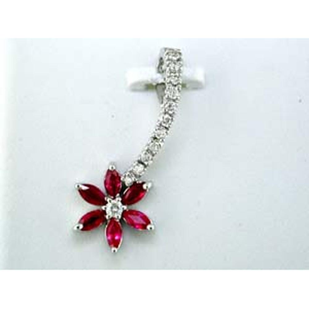 14K White Gold Flower Pendant with 0.70 Carat Marquise Cut Ruby Petals and 0.15 Carat Round Diamond Center - Royal Jewelry
