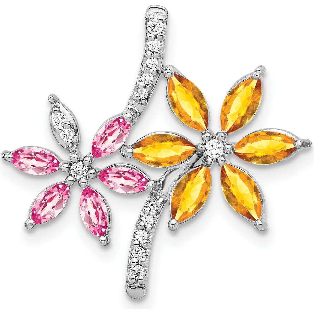 14K White Gold Flower Pendant with Marquise Citrine, Pink Tourmaline, and Round Diamonds - 0.38 Carat Total Gem Weight by Monteluci Fine Jewelry