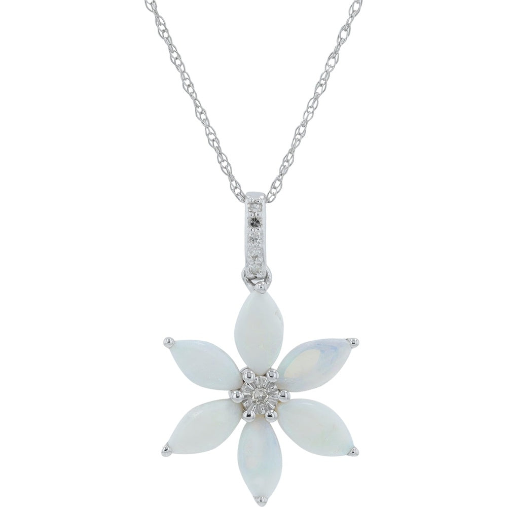 14K White Gold Flower Pendant with Marquise Opal Petals and Round Diamond Center - 0.02 Carat Total Diamond Weight