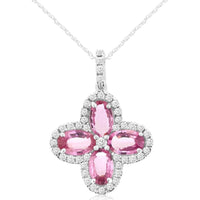 14K White Gold Flower Pendant with Oval Pink Sapphires and Diamond Halos - 1.80 Carat Total Pink Sapphire Weight and 0.20 Carat Total Diamond Weight - Royal Jewelry