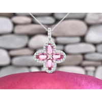 14K White Gold Flower Pendant with Oval Pink Sapphires and Diamond Halos - 1.80 Carat Total Pink Sapphire Weight and 0.20 Carat Total Diamond Weight - Royal Jewelry