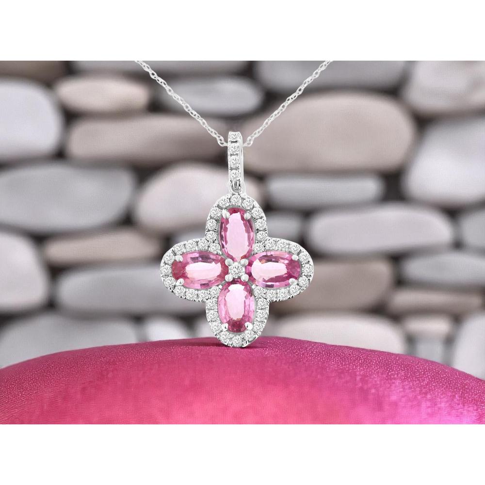 14K White Gold Flower Pendant with Oval Pink Sapphires and Diamond Halos - 1.80 Carat Total Pink Sapphire Weight and 0.20 Carat Total Diamond Weight - Royal Jewelry