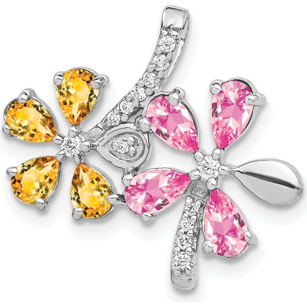 14K White Gold Flower Pendant with Pear Citrine and Pink Tourmaline Stones - 0.53 Carat Total Gem Weight by Monteluci Fine Jewelry