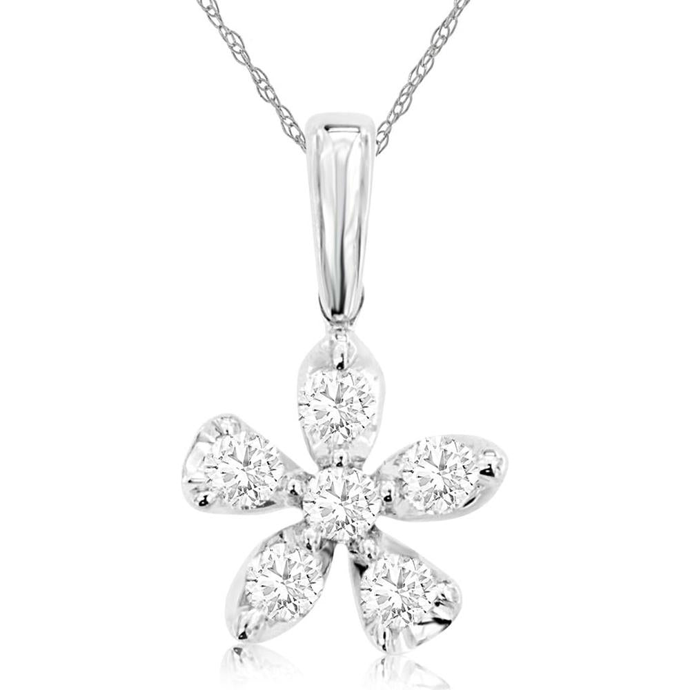 14K White Gold Flower Pendant with Prong-Set Round Diamonds - 0.25 Carat Total Diamond Weight - Royal Jewelry