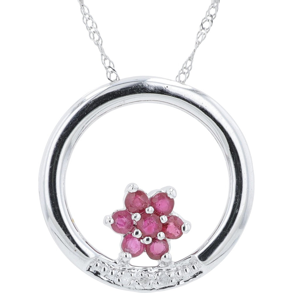 14K White Gold Flower Pendant with Round Rubies and Diamond Accents - 0.35 Carat Ruby Total Weight and 0.02 Carat Diamond Total Weight