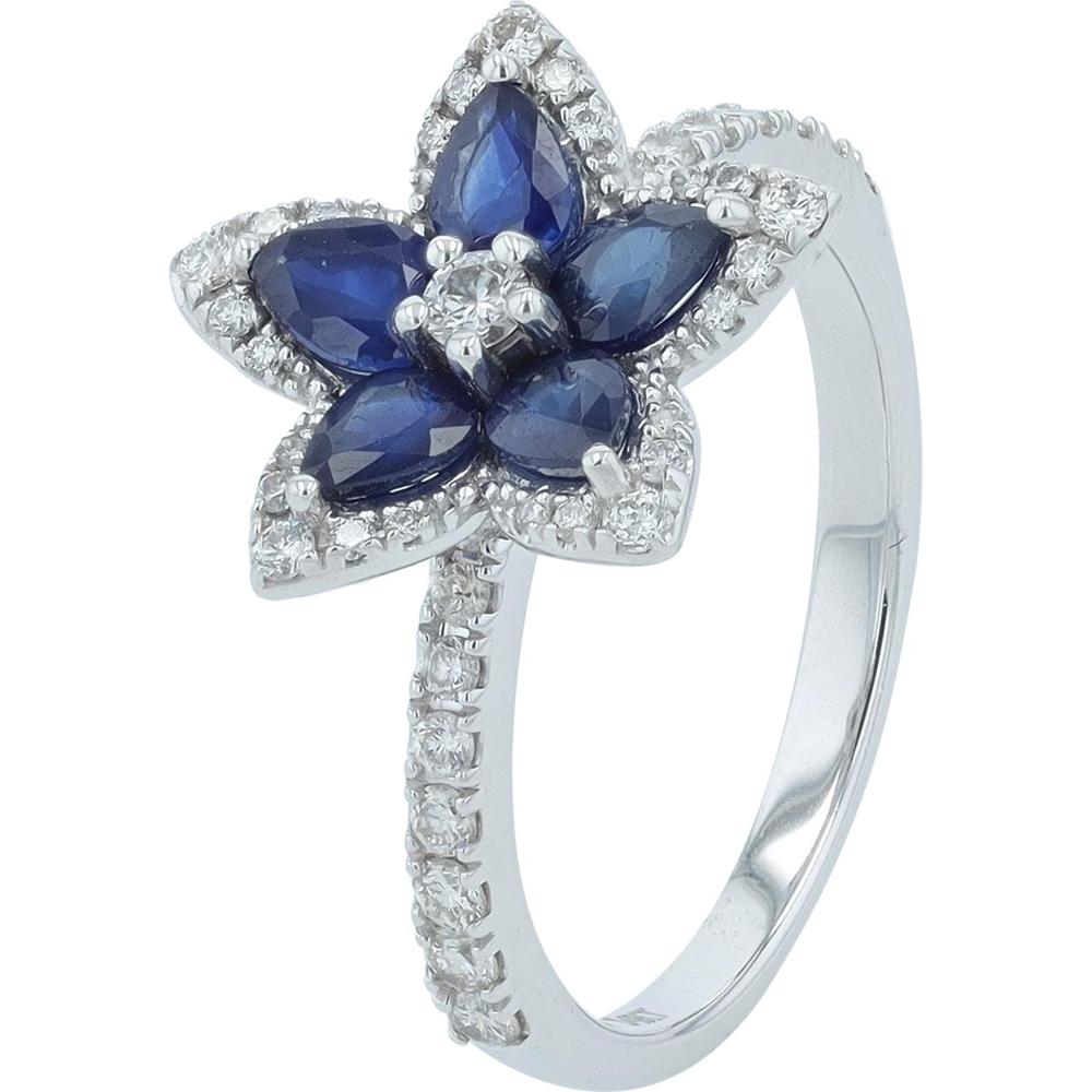 14K White Gold Flower Ring with 0.75 Carat Total Sapphire and 0.55 Carat Total Diamond Halo