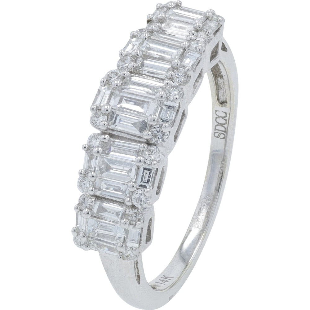 14K White Gold Flower Ring with Baguette and Round Brilliant Cut Cluster Diamonds - 1.00 Carat Total Diamond Weight