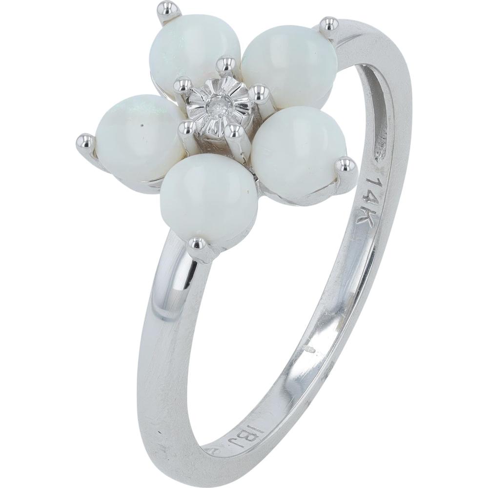 14K White Gold Flower Ring with Opals and Diamond Center - Nature-Inspired Design