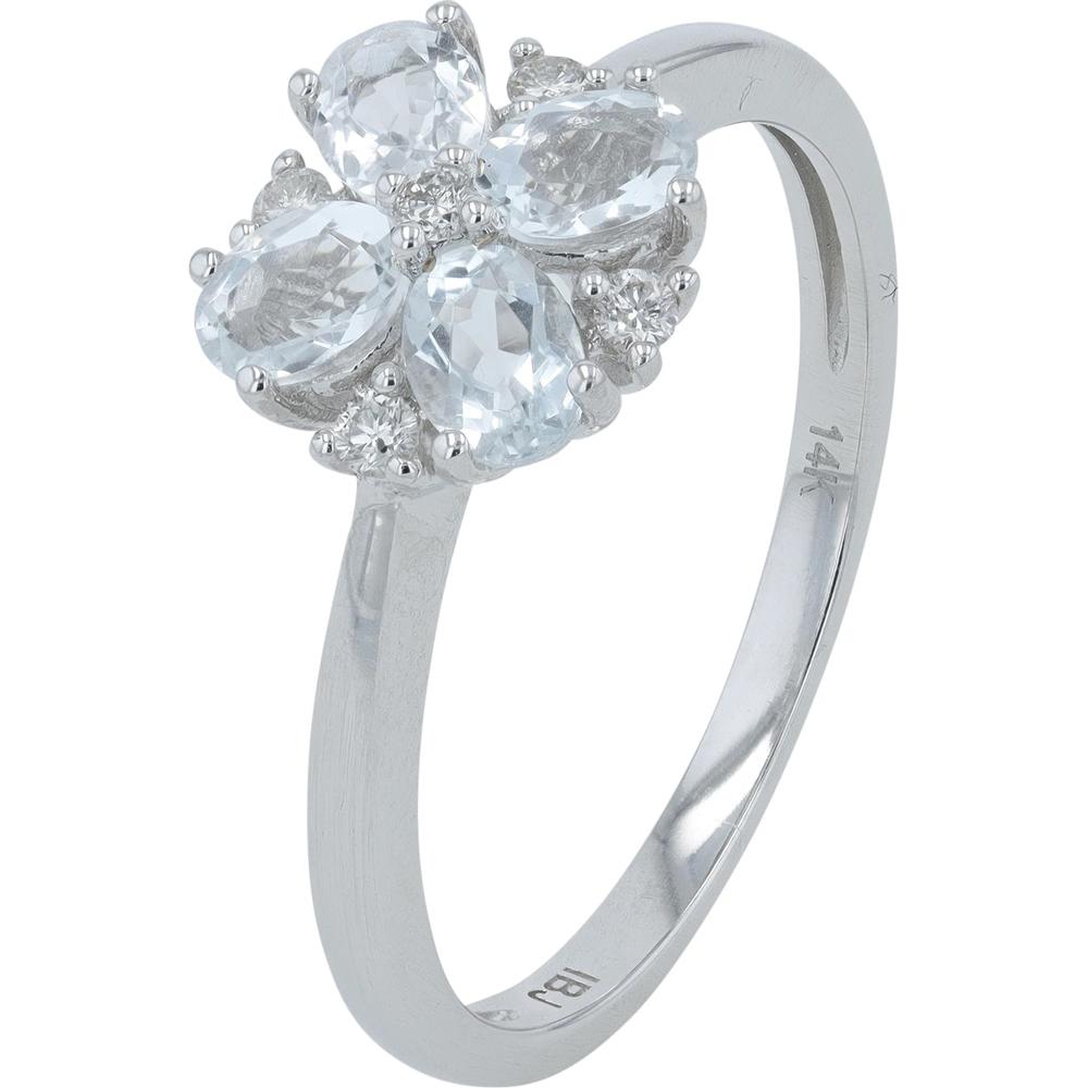 14K White Gold Flower Ring with Oval Aquamarines and Round Diamond Halo - 0.14 Carats Diamond Total Weight