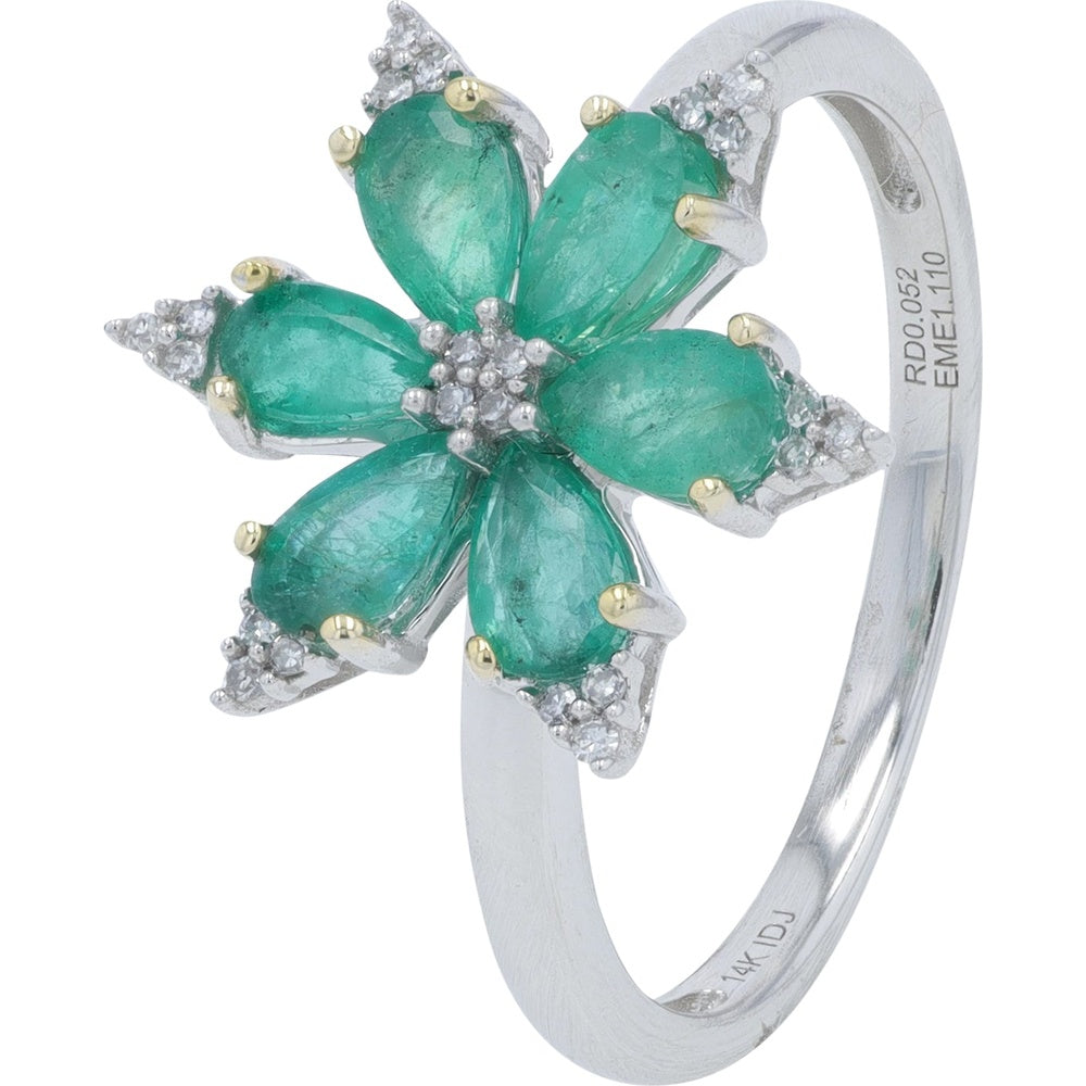 14K White Gold Flower Ring with Pear-Shaped Emeralds and Diamond Accents - 1.11 Carat Total Emerald Weight
