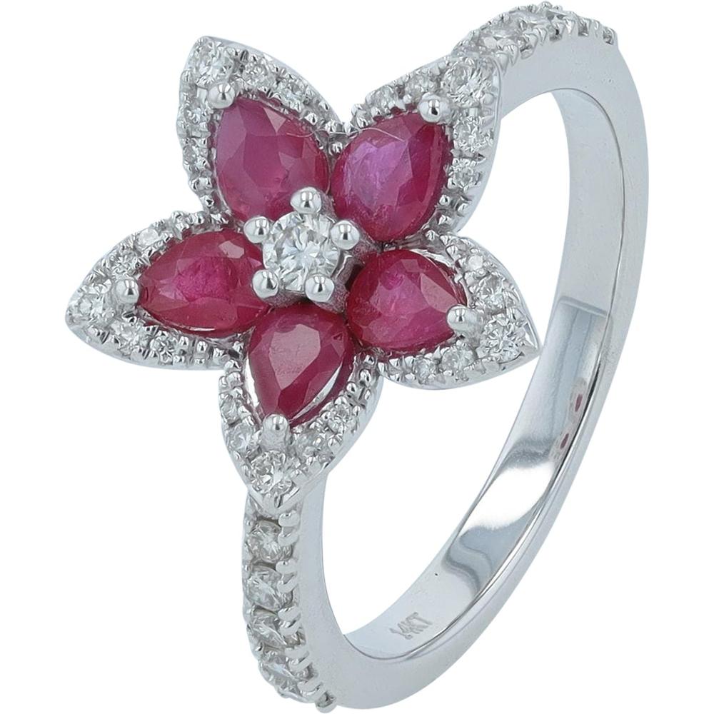 14K White Gold Flower Ring with Pear-Shaped Rubies and Round Diamond Center - 0.55 Carat Total Diamond Weight