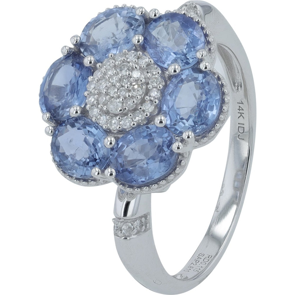 14K White Gold Flower Ring with Round Cut Sapphires and Diamond Cluster Center - 3.00 Carat Total Sapphire Weight and 0.12 Carat Total Diamond Weight