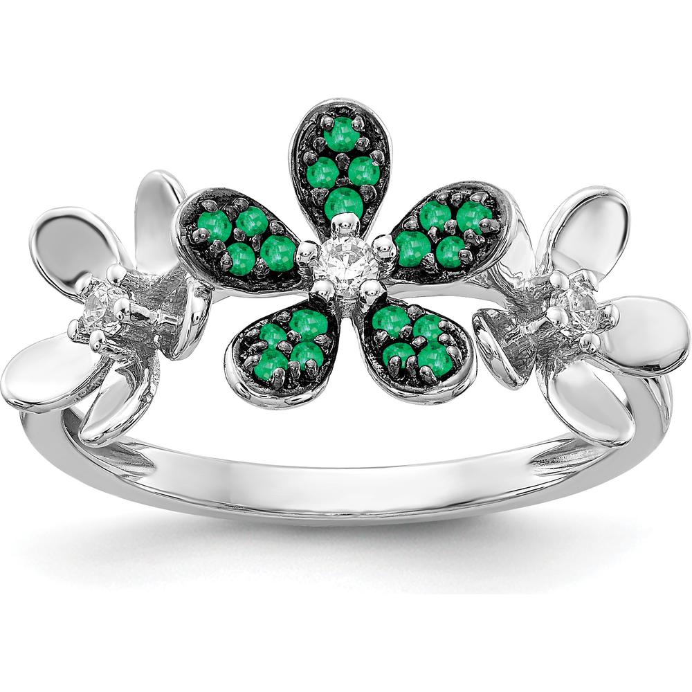 14K White Gold Flower Ring with Round Emeralds and Diamonds - 0.253 Carat Total Gem Weight by 0