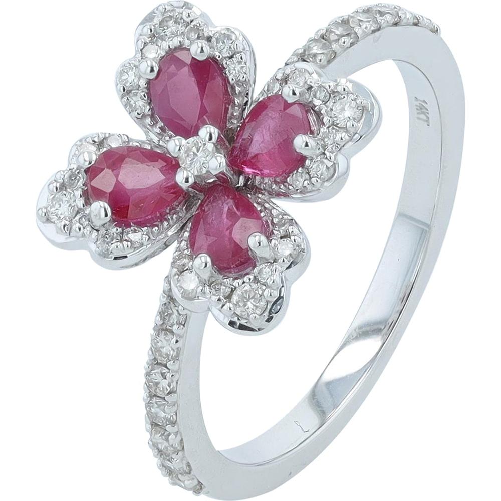 14K White Gold Flower Ring with Ruby and Diamond Halo - 0.43 Carat Total Ruby Weight, 0.50 Carat Total Diamond Weight