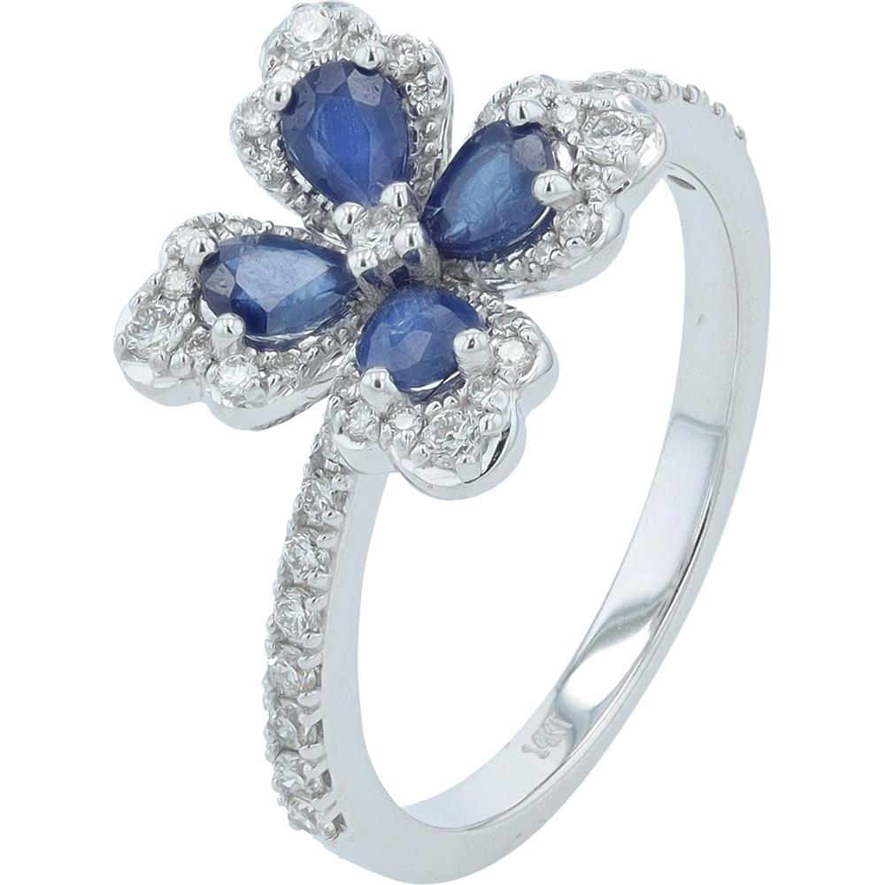 14K White Gold Flower Ring with Sapphire and Diamond Accents - 0.93 Carat Total Gemstone Weight