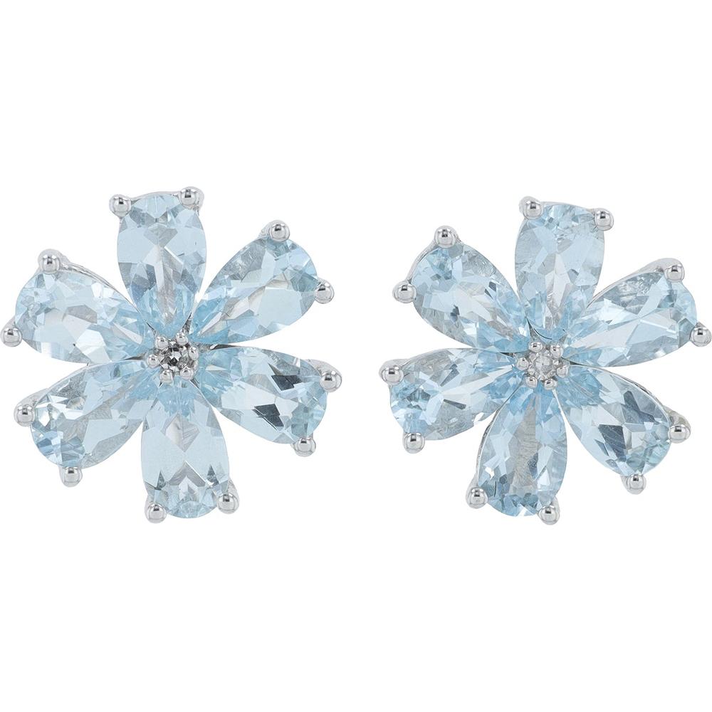 14K White Gold Flower Stud Earrings with Aqua Gemstones and Diamond Accents - 1.0 Carat Total Gem Weight