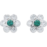 14K White Gold Flower Stud Earrings with Bezel Set Lab Grown Emerald Center and Lab Grown Diamond Petals - 0.50 Carat Total Emerald Weight and 1.75 Carat Total Diamond Weight