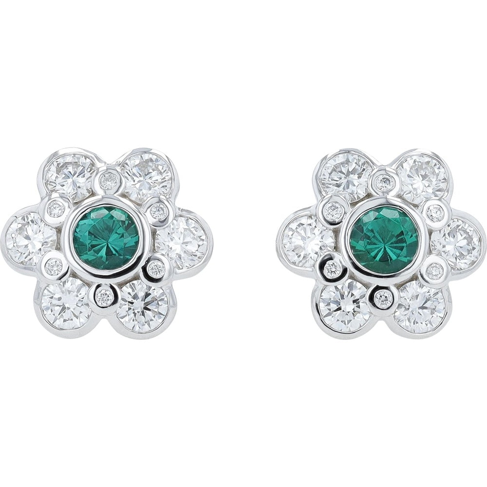 14K White Gold Flower Stud Earrings with Bezel Set Lab Grown Emerald Center and Lab Grown Diamond Petals - 0.50 Carat Total Emerald Weight and 1.75 Carat Total Diamond Weight