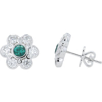14K White Gold Flower Stud Earrings with Bezel Set Lab Grown Emerald Center and Lab Grown Diamond Petals - 0.50 Carat Total Emerald Weight and 1.75 Carat Total Diamond Weight