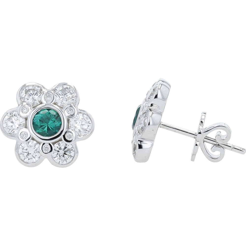 14K White Gold Flower Stud Earrings with Bezel Set Lab Grown Emerald Center and Lab Grown Diamond Petals - 0.50 Carat Total Emerald Weight and 1.75 Carat Total Diamond Weight