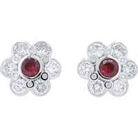 14K White Gold Flower Stud Earrings with Bezel-Set Lab Grown Rubies and Round Lab Grown Diamonds - 0.65 Carat Total Ruby Weight and 1.75 Carat Total Diamond Weight