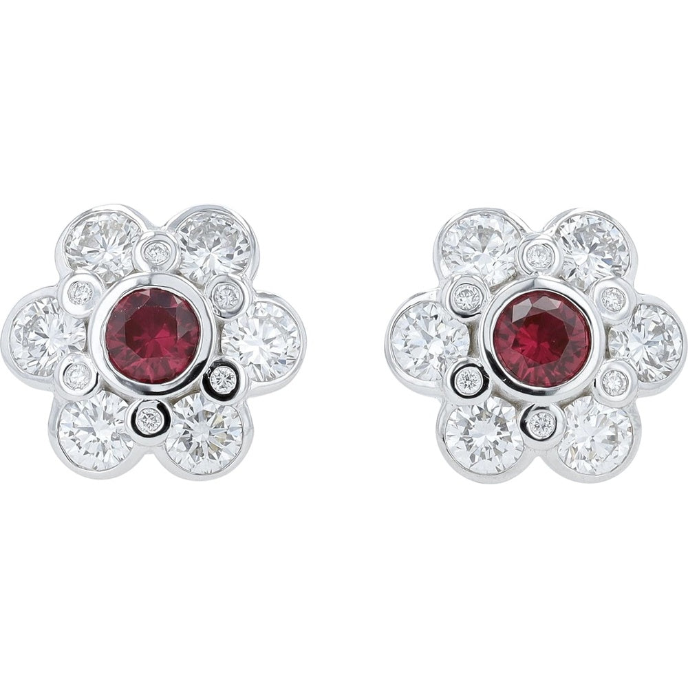 14K White Gold Flower Stud Earrings with Bezel-Set Lab Grown Rubies and Round Lab Grown Diamonds - 0.65 Carat Total Ruby Weight and 1.75 Carat Total Diamond Weight