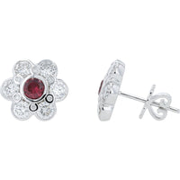 14K White Gold Flower Stud Earrings with Bezel-Set Lab Grown Rubies and Round Lab Grown Diamonds - 0.65 Carat Total Ruby Weight and 1.75 Carat Total Diamond Weight