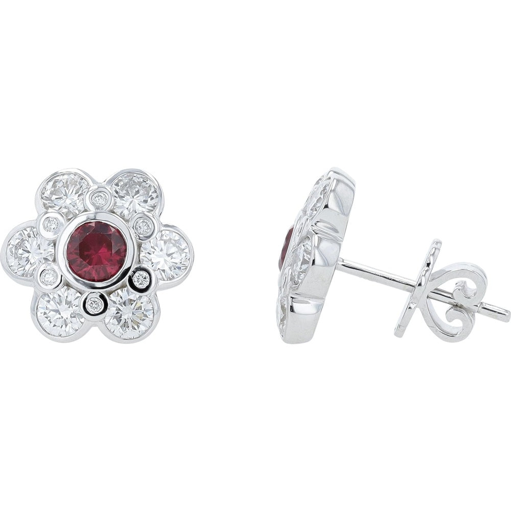 14K White Gold Flower Stud Earrings with Bezel-Set Lab Grown Rubies and Round Lab Grown Diamonds - 0.65 Carat Total Ruby Weight and 1.75 Carat Total Diamond Weight