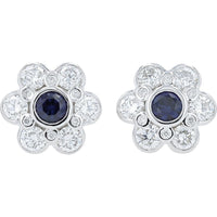 14K White Gold Flower Stud Earrings with Lab Grown Sapphire Center and Round Lab Grown Diamond Halo - 0.65 Carat Sapphire & 1.75 Carat Diamond Total Weight