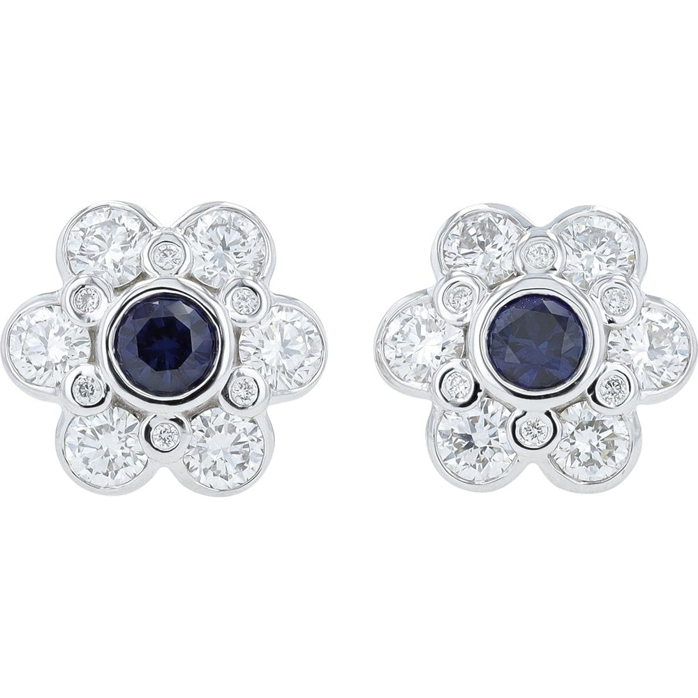 14K White Gold Flower Stud Earrings with Lab Grown Sapphire Center and Round Lab Grown Diamond Halo - 0.65 Carat Sapphire & 1.75 Carat Diamond Total Weight