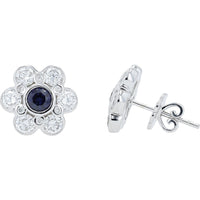 14K White Gold Flower Stud Earrings with Lab Grown Sapphire Center and Round Lab Grown Diamond Halo - 0.65 Carat Sapphire & 1.75 Carat Diamond Total Weight