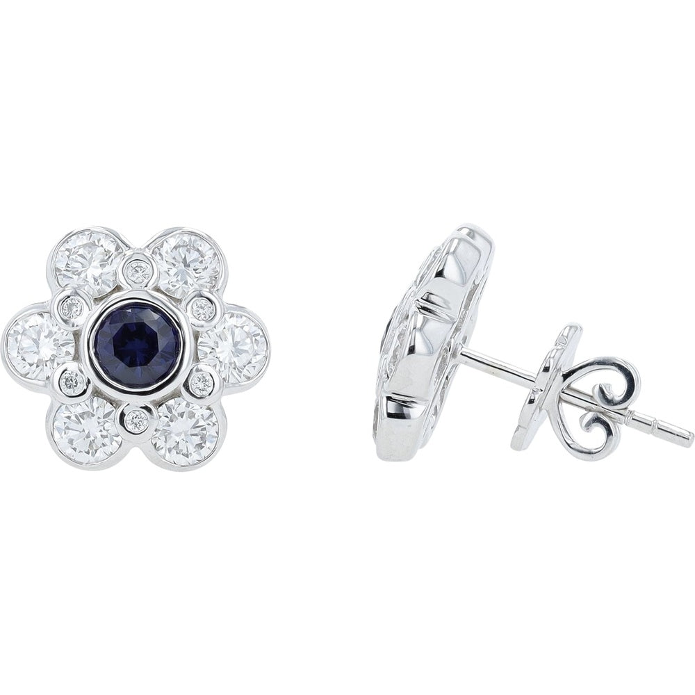14K White Gold Flower Stud Earrings with Lab Grown Sapphire Center and Round Lab Grown Diamond Halo - 0.65 Carat Sapphire & 1.75 Carat Diamond Total Weight