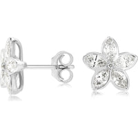 14K White Gold Flower Stud Earrings with Marquise and Round Cut Diamonds - 0.96 Carat Total Diamond Weight - Royal Jewelry