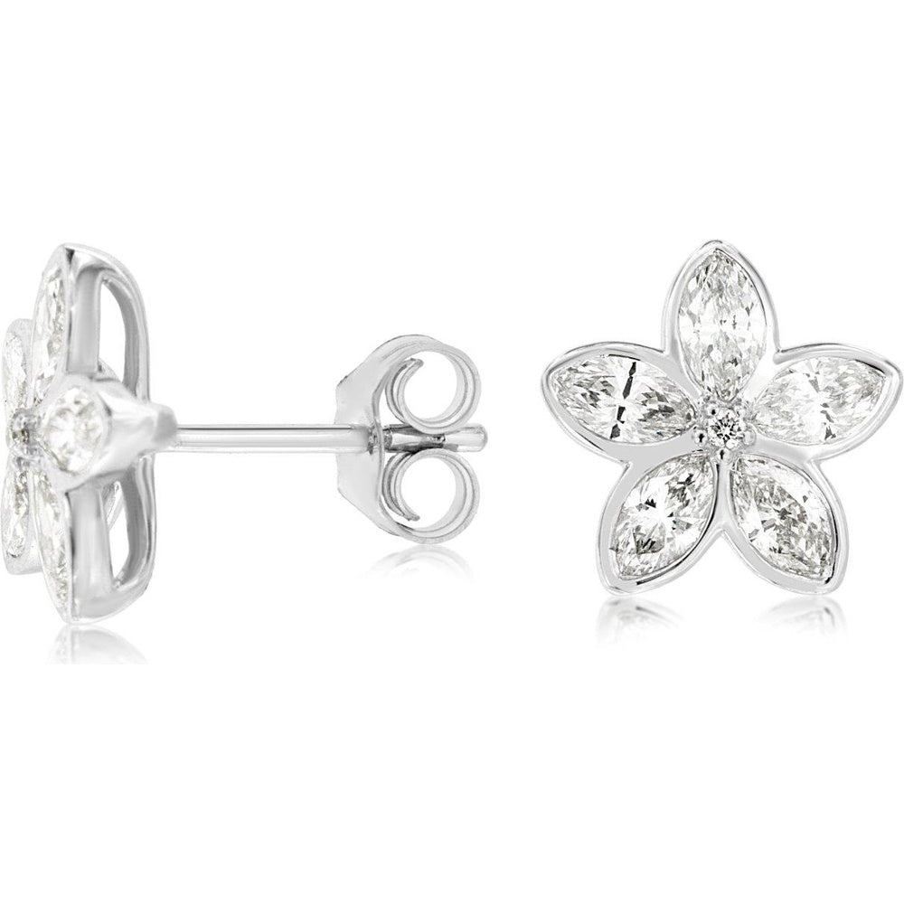 14K White Gold Flower Stud Earrings with Marquise and Round Cut Diamonds - 0.96 Carat Total Diamond Weight - Royal Jewelry