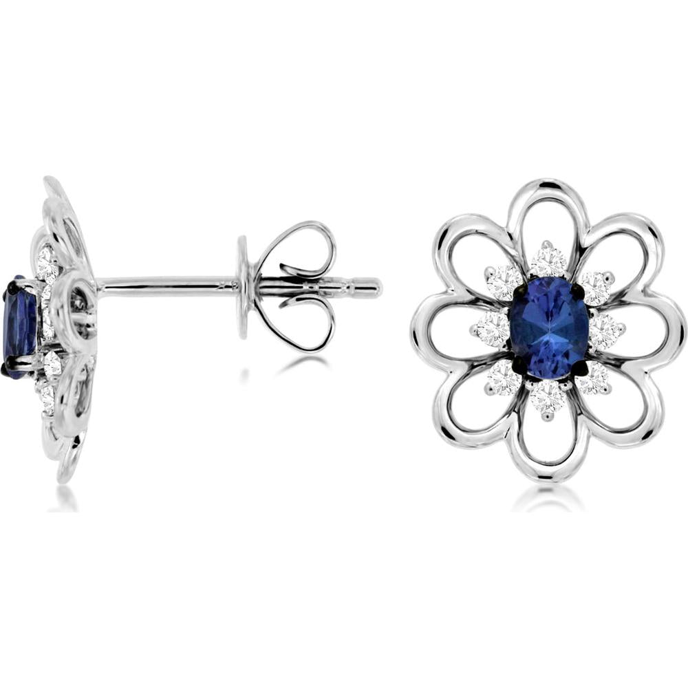 14K White Gold Flower Stud Earrings with Oval Tanzanite and Round Diamond Halo - 0.32 Carat Total Tanzanite Weight, 0.15 Carat Total Diamond Weight - Royal Jewelry