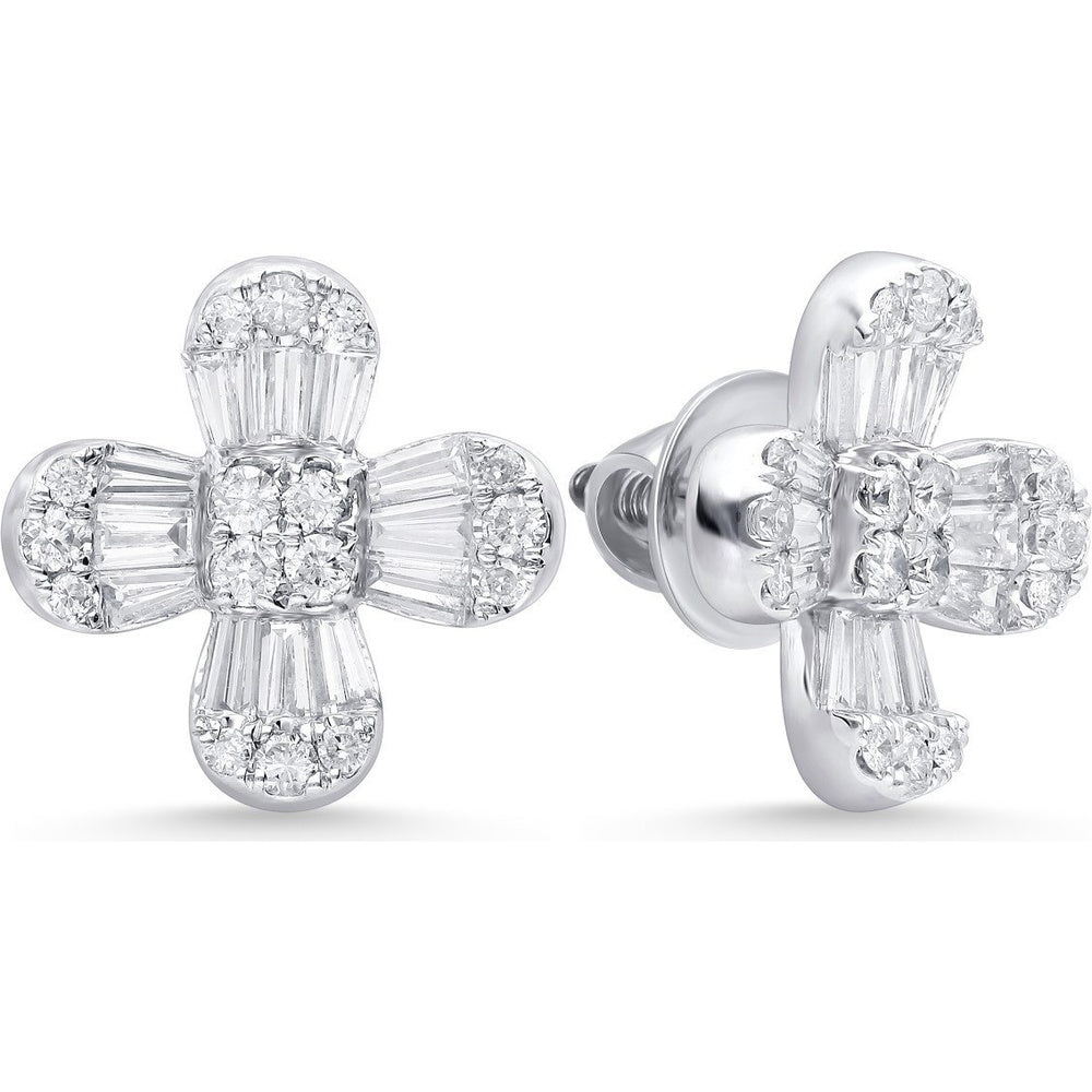 14K White Gold Flower Stud Earrings with Round and Baguette Diamonds - 1.10 Carat Total Diamond Weight by Auriventus