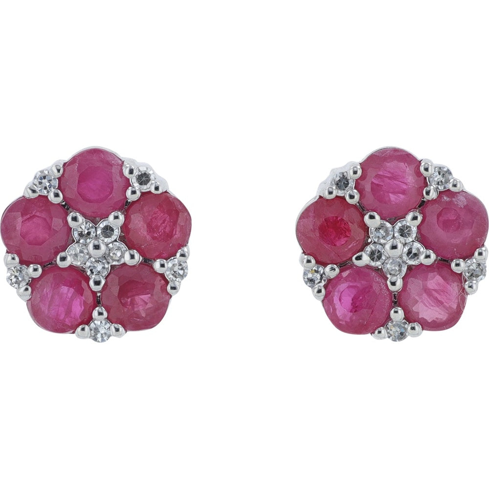14K White Gold Flower Stud Earrings with Round Rubies and Diamond Accents - 1.50 Carat Total Ruby Weight and 0.08 Carat Total Diamond Weight