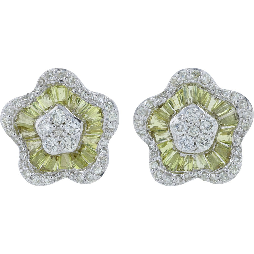14K White Gold Flower Stud Earrings with Yellow Sapphire and Diamond Halo - 1.50 Carat Total Yellow Sapphire Weight and 0.45 Carat Total Diamond Weight