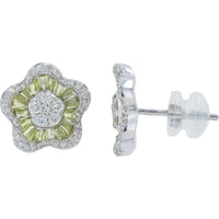 14K White Gold Flower Stud Earrings with Yellow Sapphire and Diamond Halo - 1.50 Carat Total Yellow Sapphire Weight and 0.45 Carat Total Diamond Weight