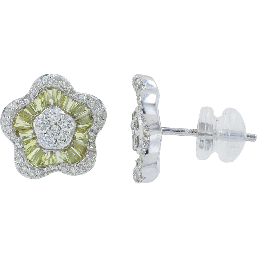 14K White Gold Flower Stud Earrings with Yellow Sapphire and Diamond Halo - 1.50 Carat Total Yellow Sapphire Weight and 0.45 Carat Total Diamond Weight