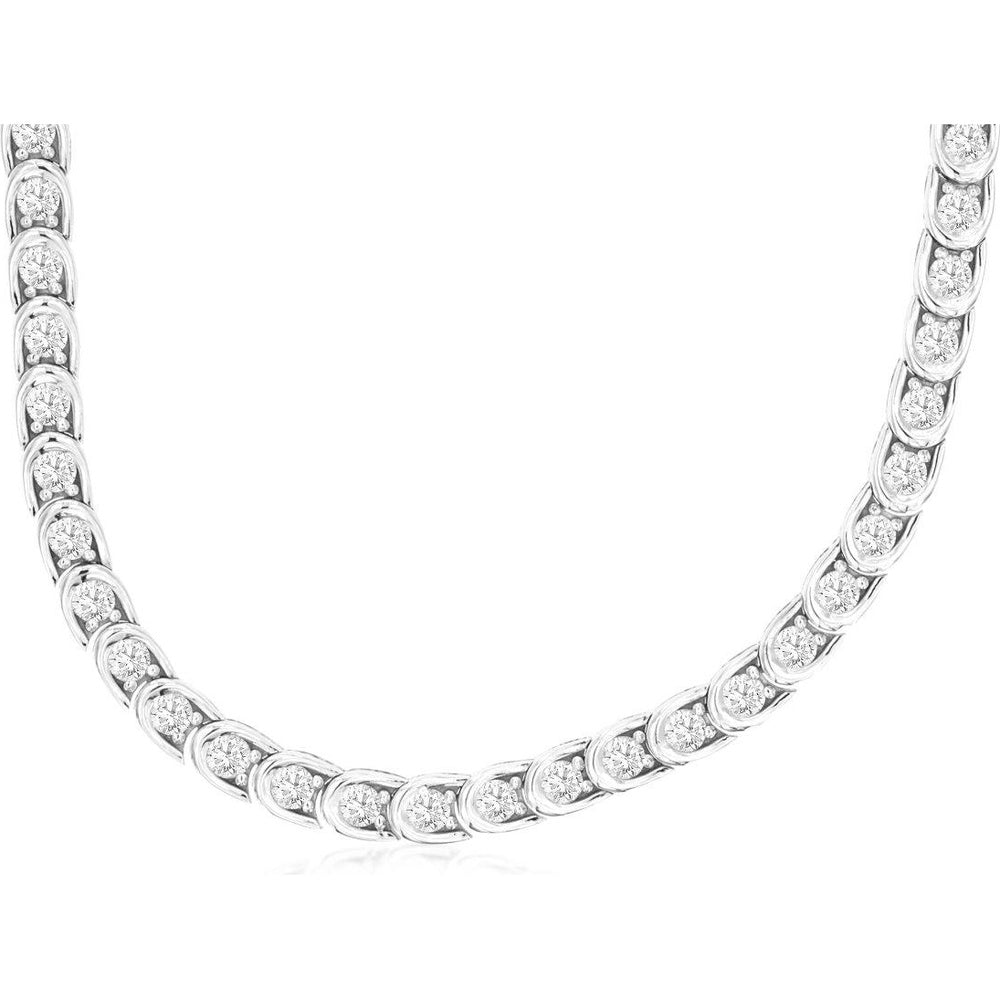 14K White Gold Fluid Link Diamond Necklace with Half-Bezel Set Round Diamonds - 4.10 Carat Total Diamond Weight - Royal Jewelry
