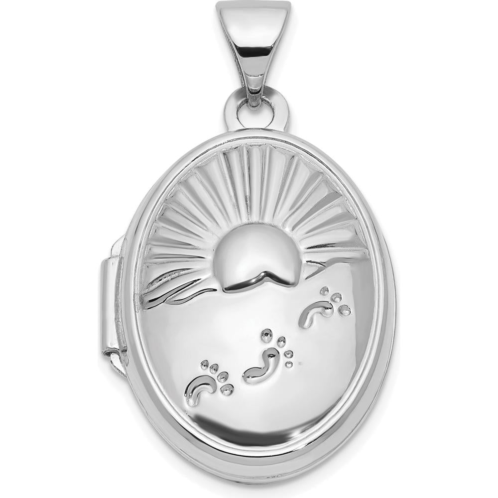 14K White Gold Footprints Reversible 19x15mm Oval Locket - Polished Finish, Holds 2 Photos by Oro Pregiato